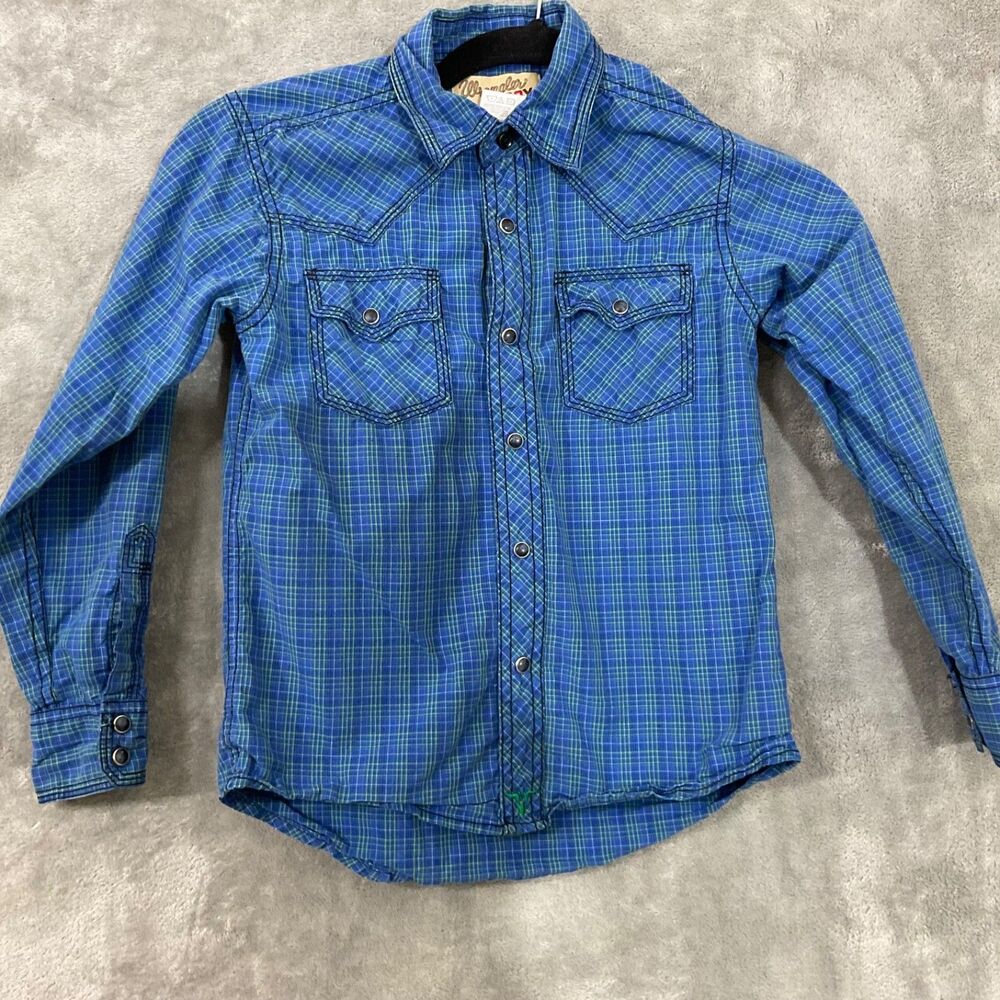 Wrangler Pearl Snap Western Shirt Youth boys size M 29” chest Blue plaid